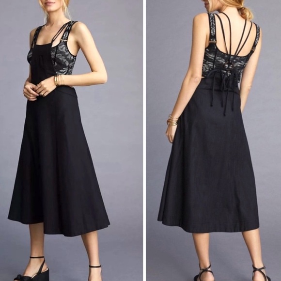 Anthropologie Dresses & Skirts - Anthropologie Midi Black Strappy Modern Pinafore Cotton Blend Apron Dress Size 8